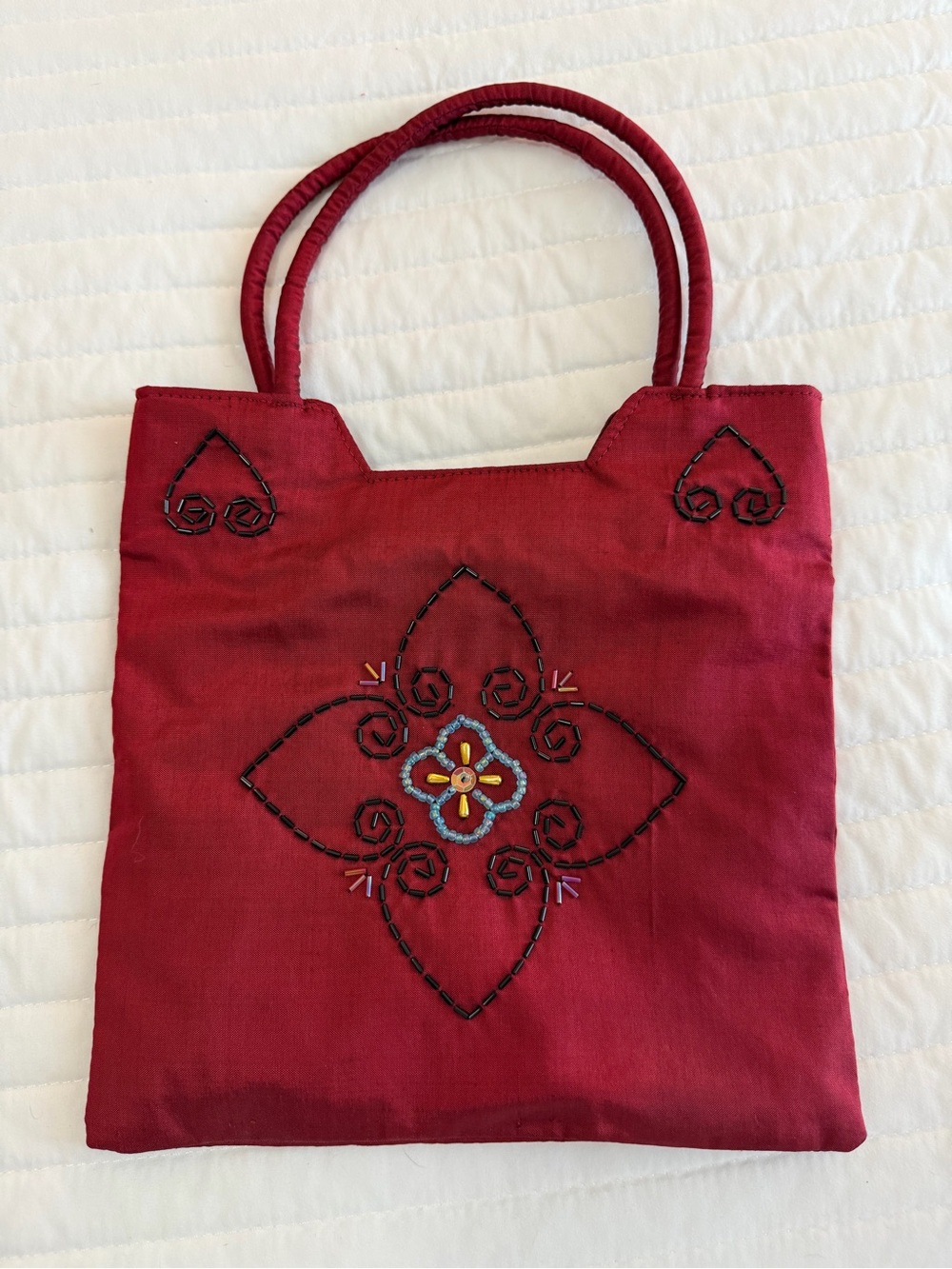 Embroidered Red Tote Bag - Women's Handbag